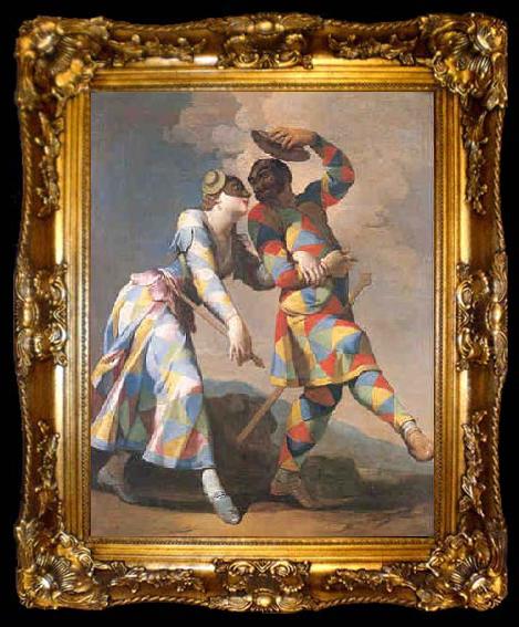 framed  Giovanni Domenico Ferretti Gemalde des italienischen Malers Giovanni Domenico Ferretti. Motiv Arlecchino Harlekin und Colombina, ta009-2
